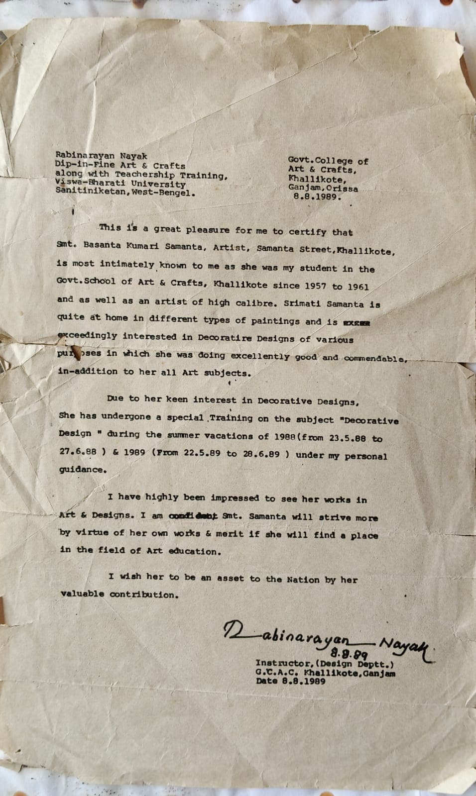 Certification letter from instructor Rabinarayan Nayak recognizing Basanta Kumari Samanta's special training in Decorative Design at GCAC Khallikote, 1988-89