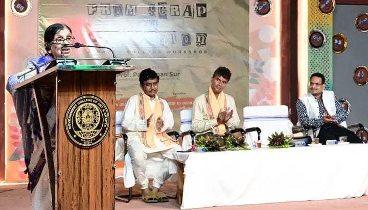 Eminent lady artist Basanta Kumari Samanta lighting the ceremonial lamp before Lord Jagannatha at the From Scrap to Creation paper collage programme of GCAC Khallikote - Image 2