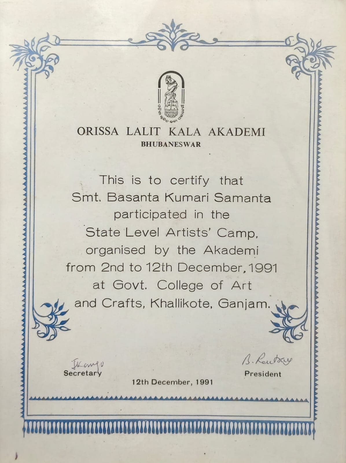 Certificate of participation for Basanta Kumari Samanta in the State Level Artists' Camp organised by the Odisha Lalit Kala Akademi, 1991