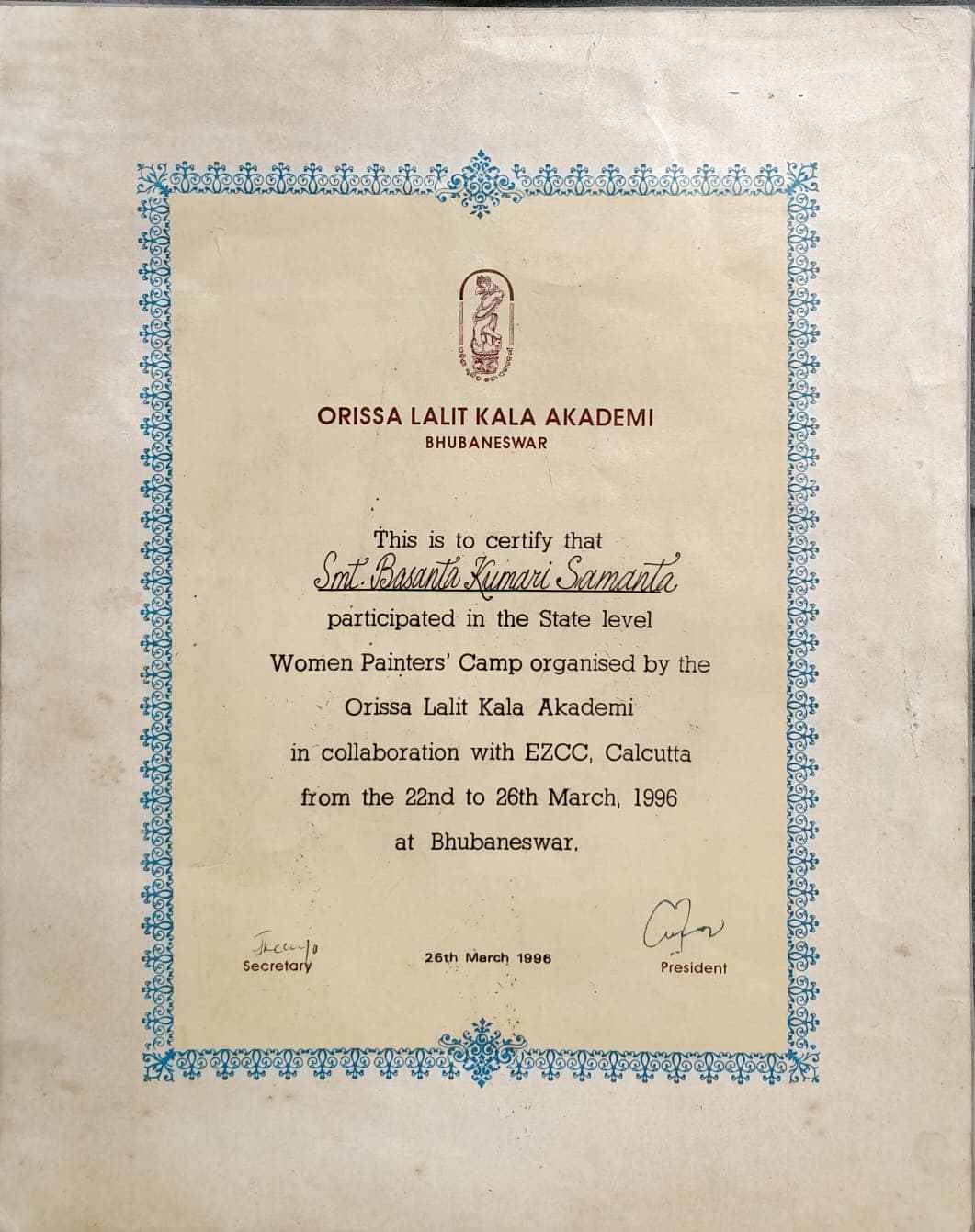 Certificate of participation for Basanta Kumari Samanta in the State Level Women Painters' Camp organised by the Orissa Lalit Kala Akademi and EZCC, Calcutta, 1996