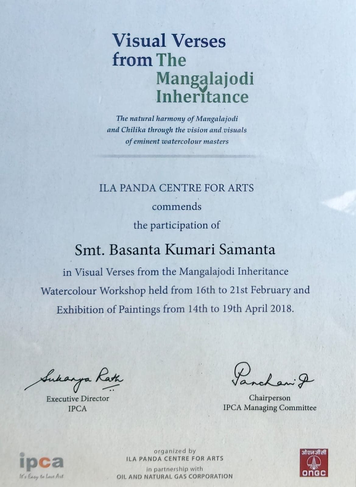 Commendation certificate from Ila Panda Centre for Arts recognizing Basanta Kumari Samanta's participation in the Visual Verses from the Mangalajodi Inheritance watercolour workshop, 2018