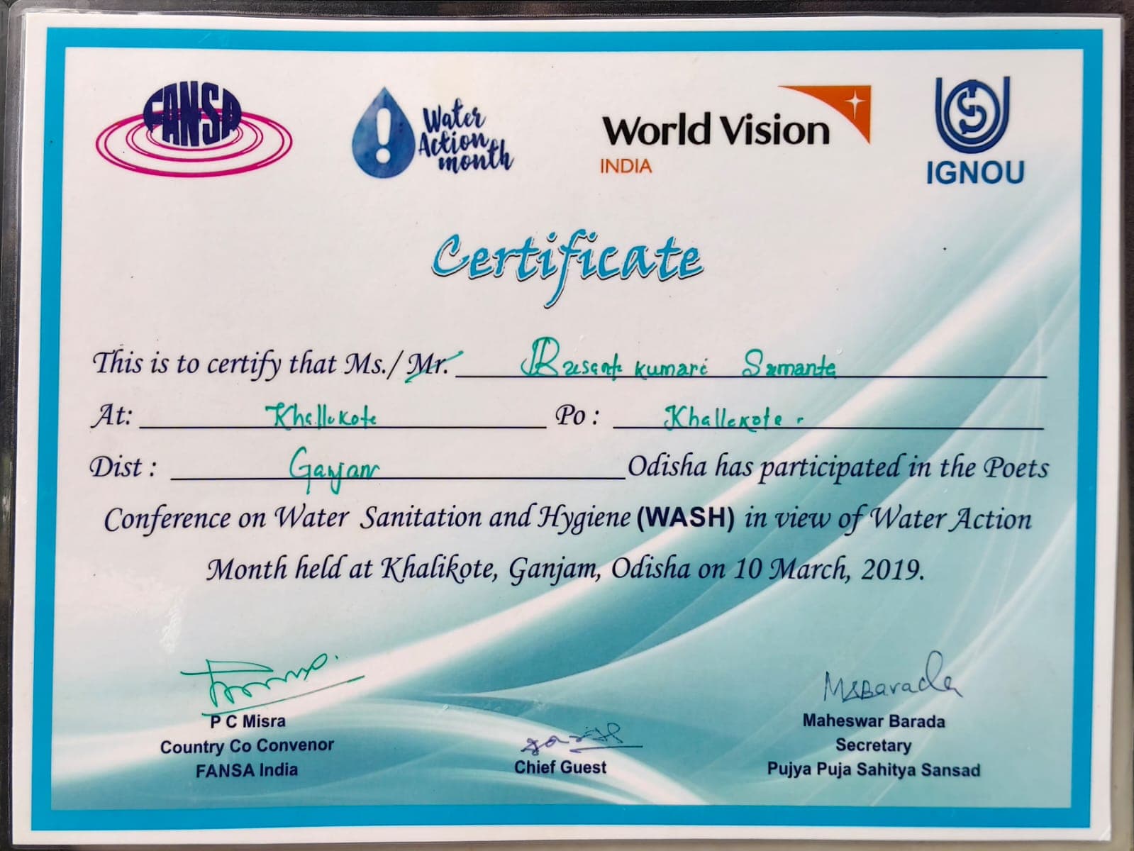 Certificate awarded to Basanta Kumari Samanta for participating in the Poets Conference on Water, Sanitation and Hygiene at Khallikote, Ganjam, 2019