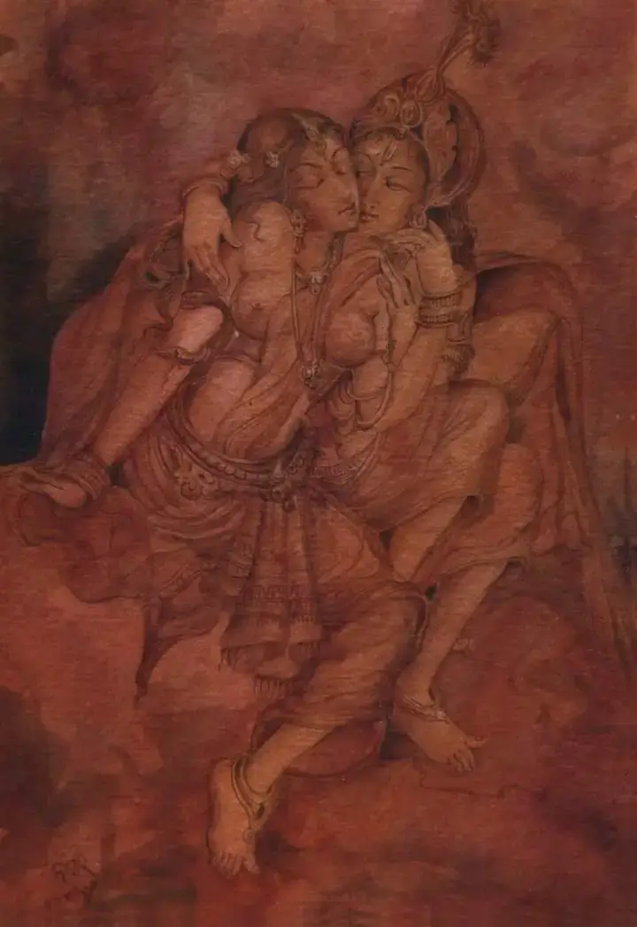 Radha–Krishna, monochrome painting by Basanta Kumari Samanta
