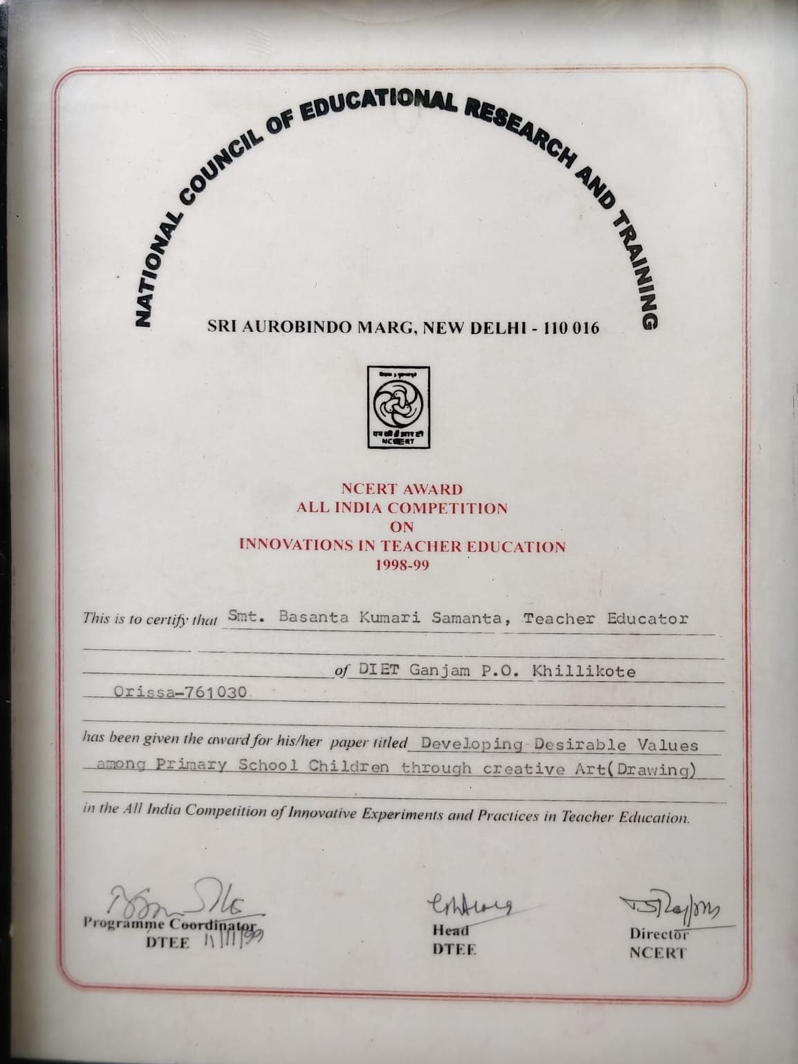 NCERT Award certificate presented to Smt. Basanta Kumari Samanta, Teacher Educator at DIET Ganjam, Khallikote, for innovations in teacher education