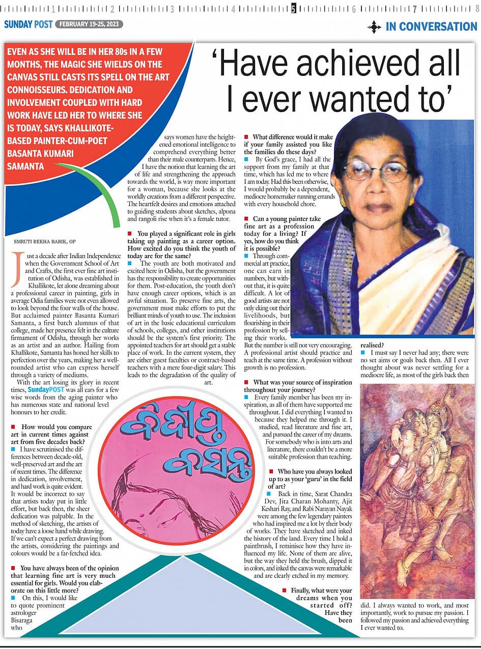 Sunday POST 'In Conversation' interview with painter-poet Basanta Kumari Samanta, titled 'Have achieved all I ever wanted to'