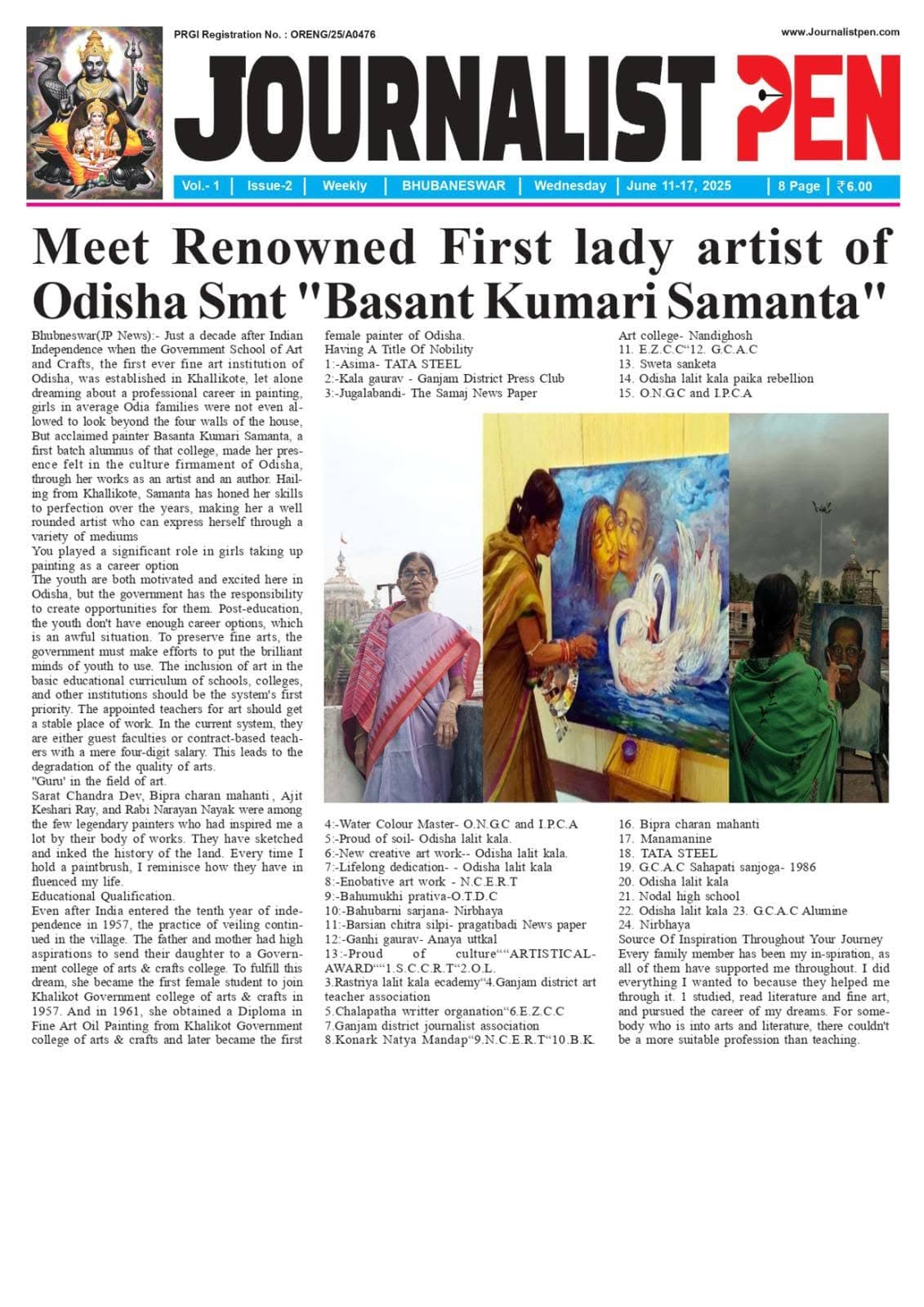 Front page of Journalist Pen weekly featuring Basanta Kumari Samanta as first lady artist of Odisha